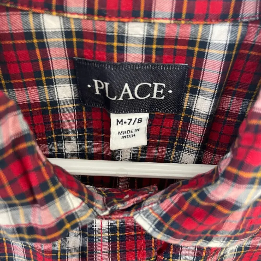 Children's Place Tartan Plaid‎ Button Down Collared Shirt Red Blue Size 7/8